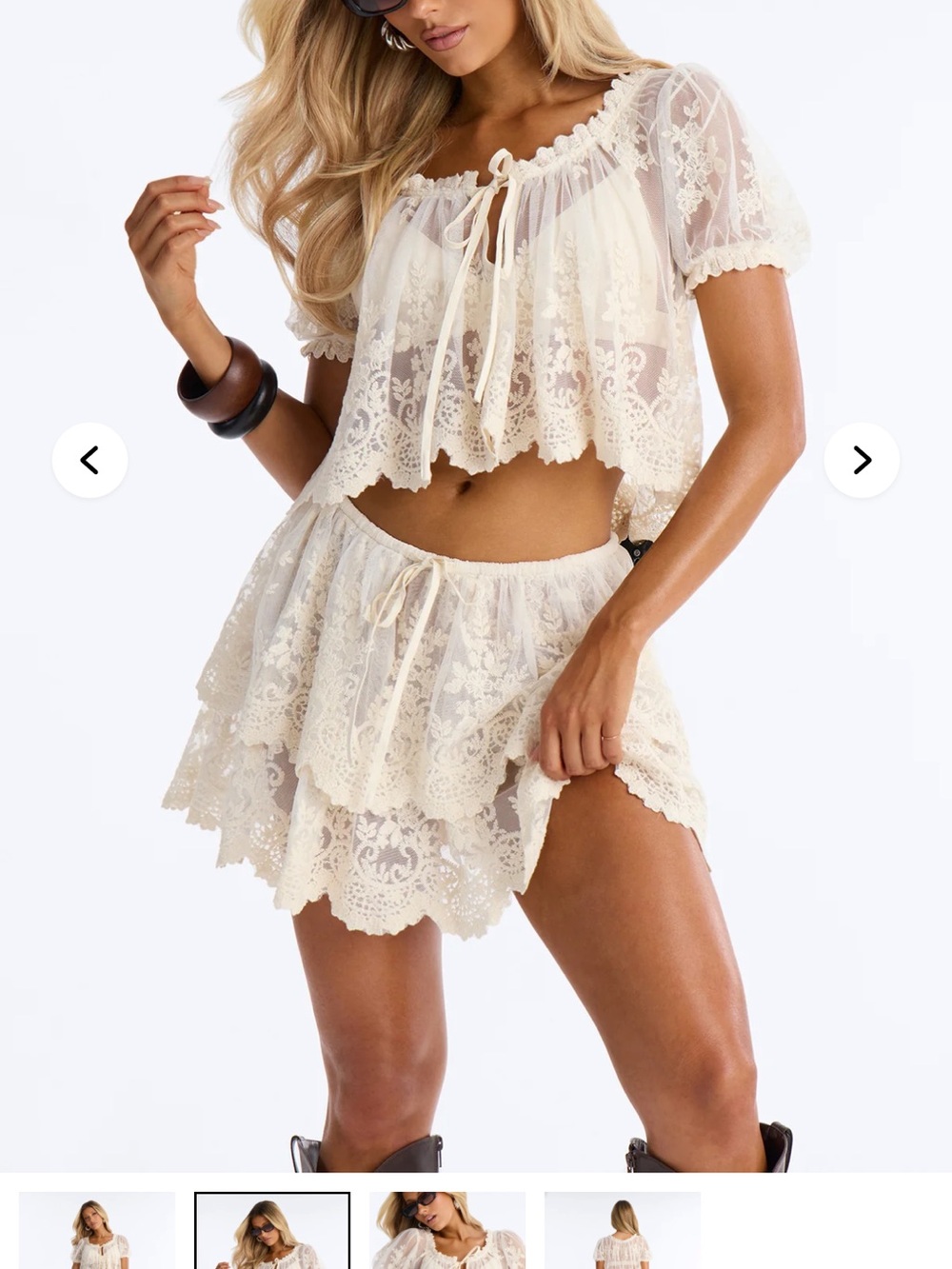 Fashion Nova Cream Blossom Mesh Embroidered Mini Skirt Set